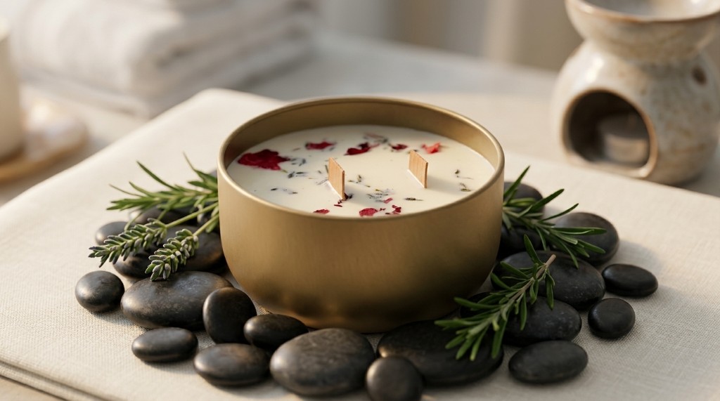 MarMar candle in a spa setting with stones and herbs