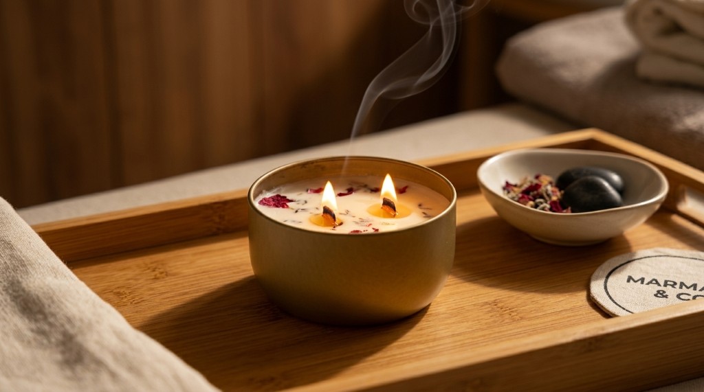 Lit MarMar candle on a bamboo tray with botanicals