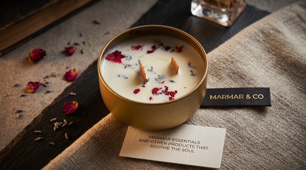 MarMar candle with essentials card and leather tag